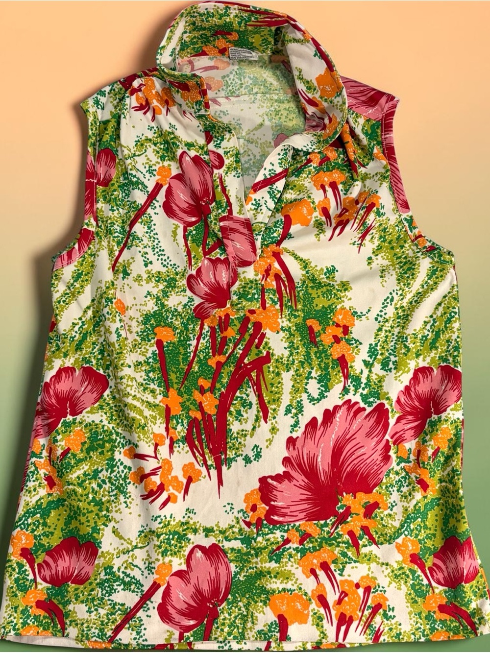 Sleeveless Floral Collared Tank Top - Pink & Green